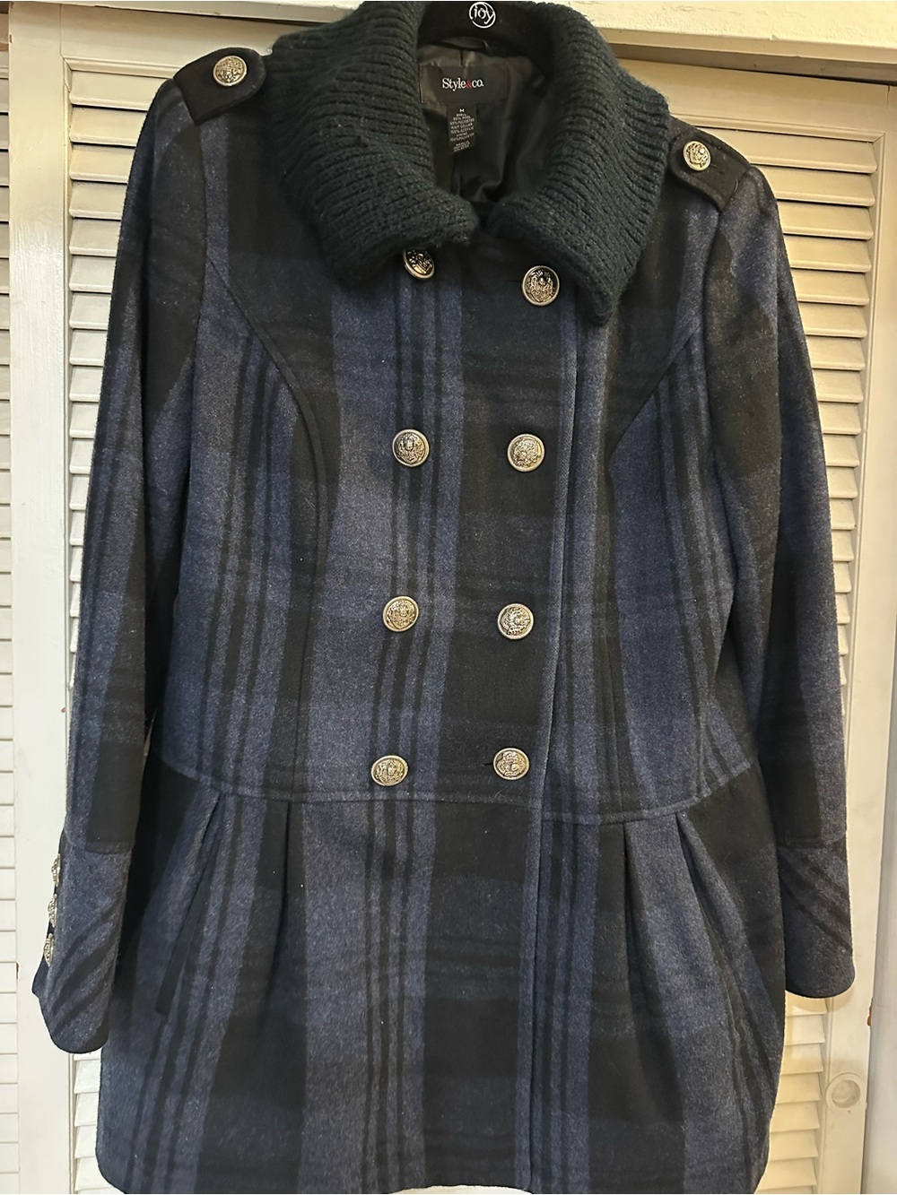 Style & Co. Women's Navy and Black Plaid Double-Breasted Pea Coat
